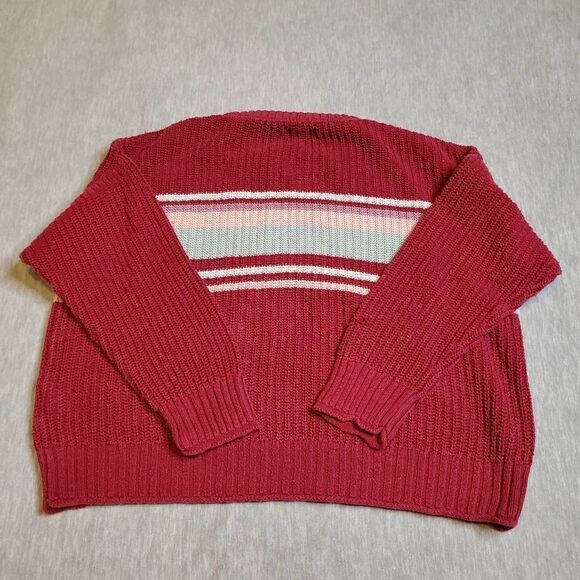 American Eagle Sweater Womens XS Maroon Cropped Striped Chunky Knit Pullover - Picture 6 of 7